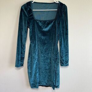 Teal Velvet Square Neck Mini Dress Long Sleeve Medium